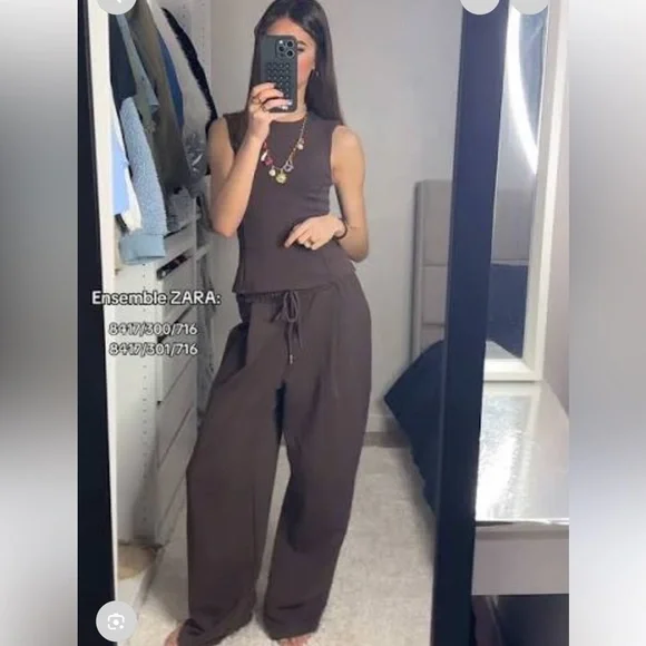Zara Interlock Peplum Top & Pants Set Dark Brown Size Medium NWT - Picture 10 of 10